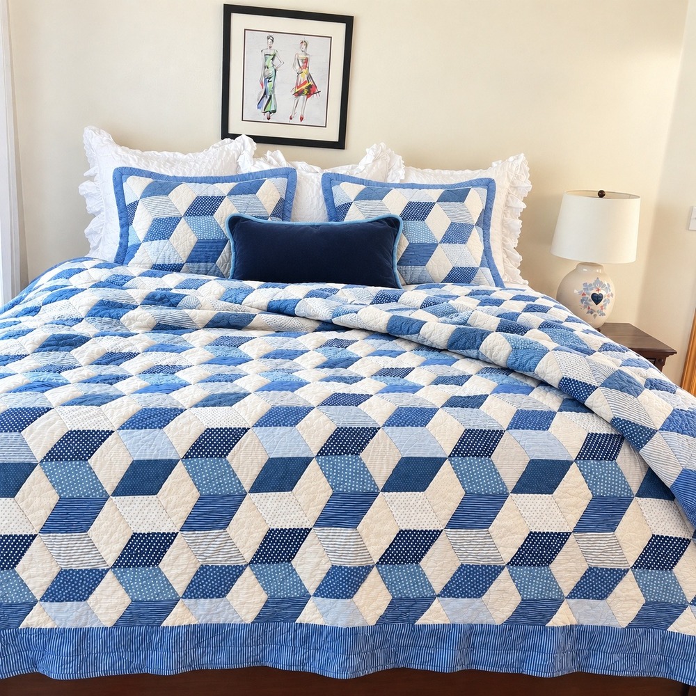 Garnet Hill Blue Cubes Quilt Double Queen Cotton 3D Tumbling Blocks Hand-Quilted